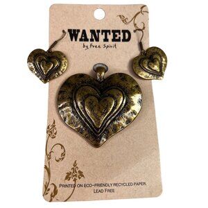 Wanted Free Spirit Puffy Heart Earrings Pendant Brassy Gold Pierced NIP